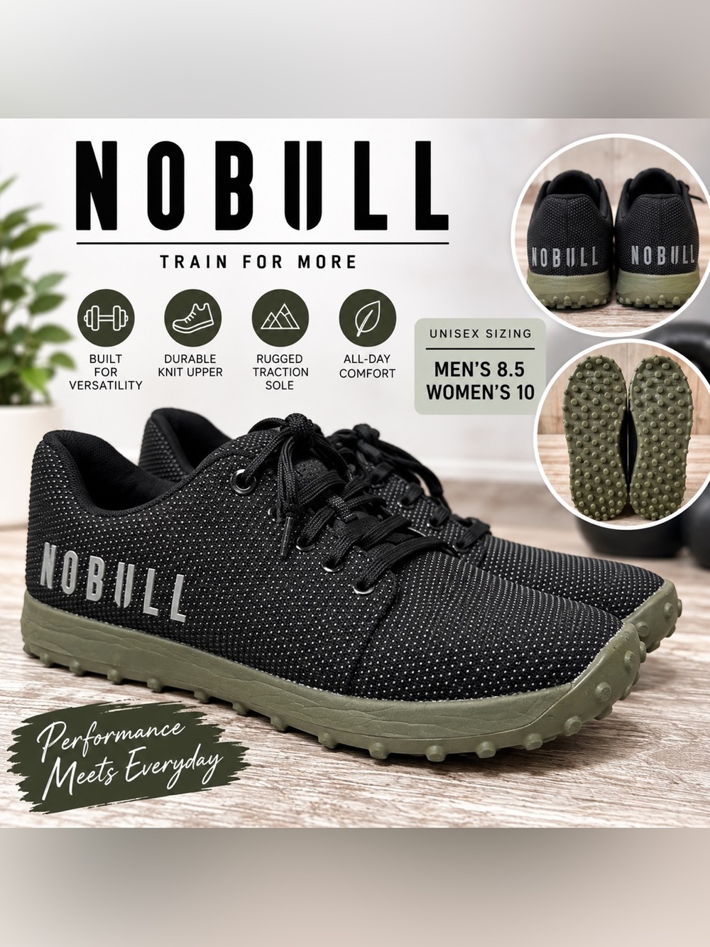 NOBULL Black Knit Trainers Olive Green Rugged Sole Unisex Men’s 8.5 Women’s 10